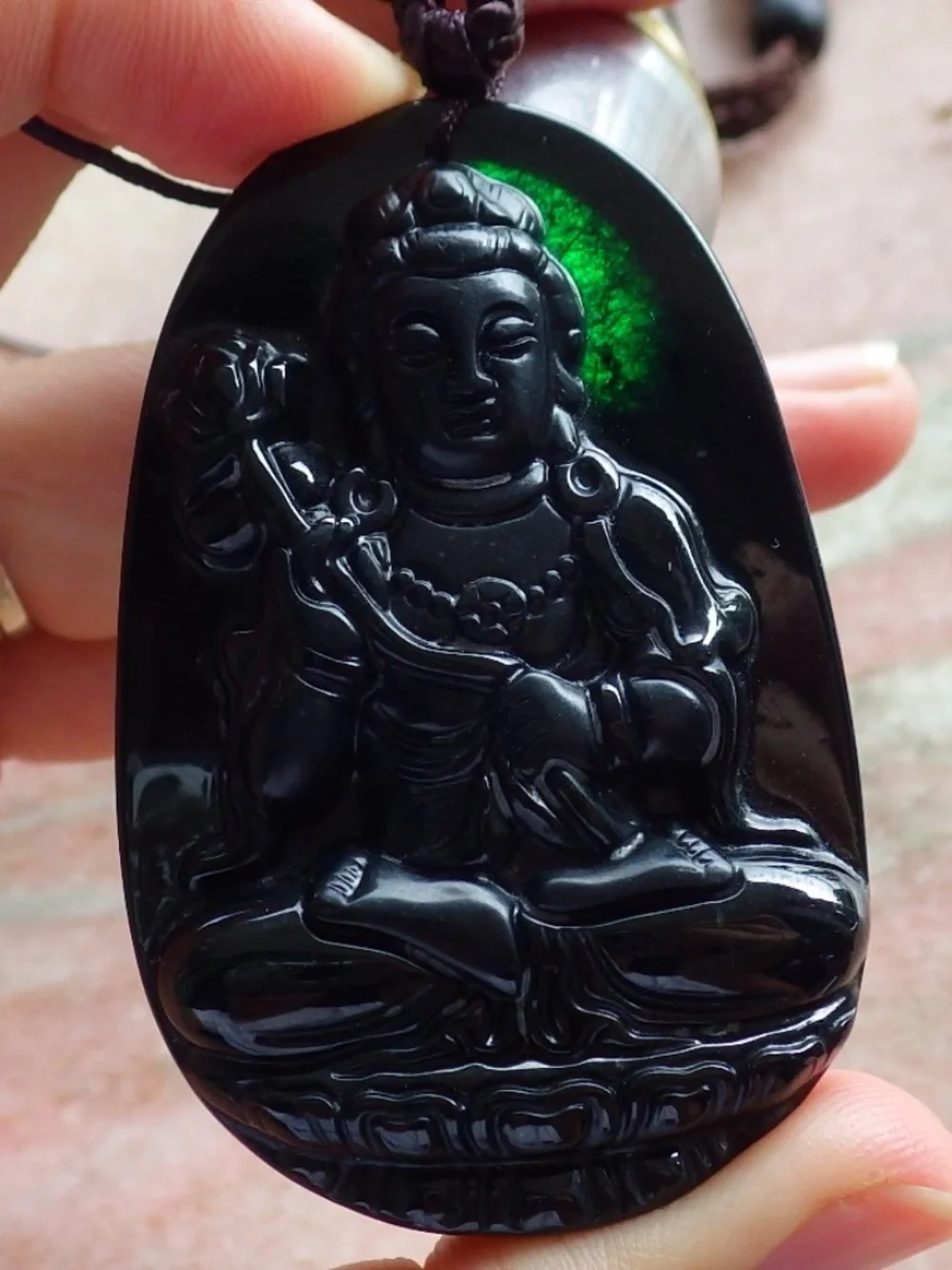 Certified Black Dark Green Burma Jade jadeite Guanyin Kwan Yin Pendant Necklace